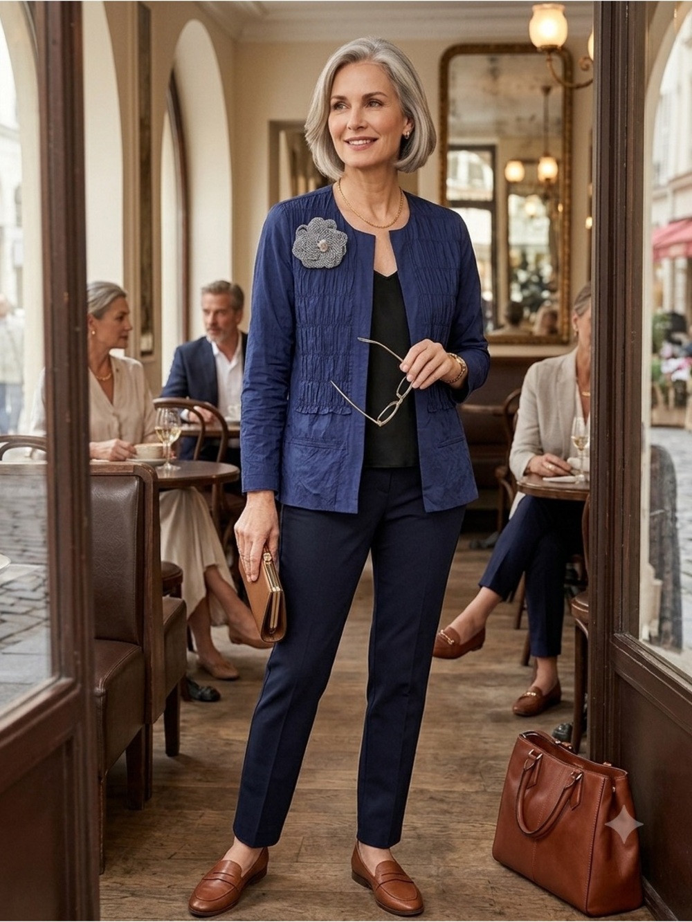 Chico's Navy Open-Front Ruffled Blazer with Floral Brooch